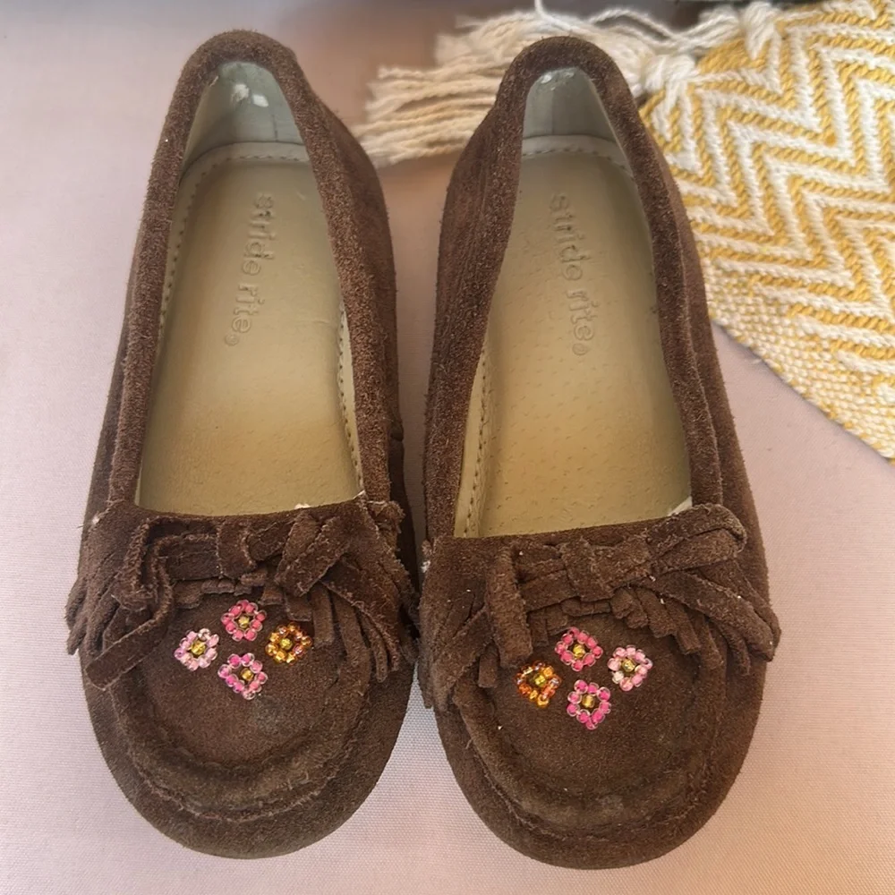 Stride Rite Keller Toddler Girls 9M Brown Suede Moccasins Pink Beaded Fringe